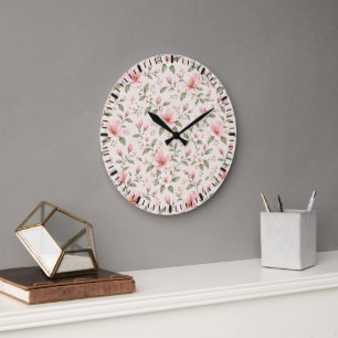 Grande Horloge Ronde Fleur de cerisier rose tendre motif floral sans co