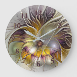 Grande Horloge Ronde Fleur de fantaisie fractale moderne colorée abstra