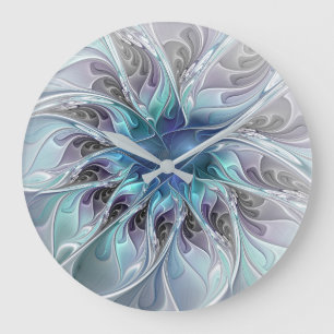 Grande Horloge Ronde Fleur de fractale moderne abstraite avec du bleu