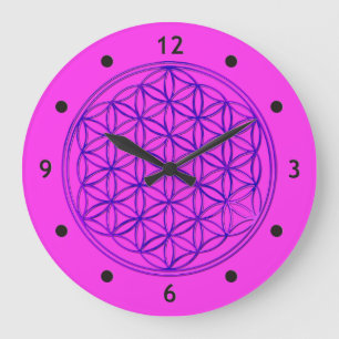Grande Horloge Ronde Fleur de la vie / Blume des Lebens - bleu rose