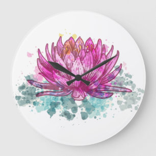 Grande Horloge Ronde Fleur de lotus rose aquarelle
