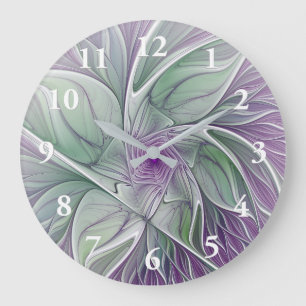 Grande Horloge Ronde Fleur de rêve, Art fractal abstrait violet vert