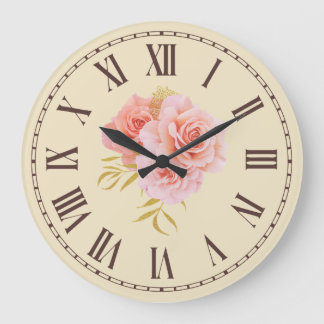 Grande Horloge Ronde Fleur de rose rose vintage dorée sur une branche