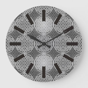 Grande Horloge Ronde Fleur de vie - motif de timbre - gris