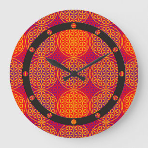 Grande Horloge Ronde Fleur de vie - motif de timbre - rose orange