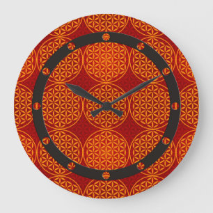 Grande Horloge Ronde Fleur de vie - motif de timbre - rouge orangé