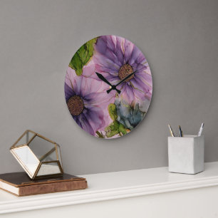 Grande Horloge Ronde fleur d'encre d'alcool rose et violet