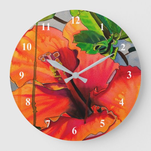 Grande Horloge Ronde Fleur d'Hibiscus du néon tropical (Recto)
