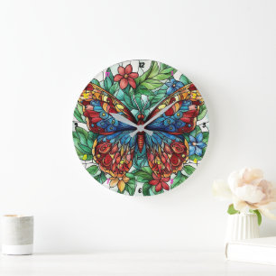 Grande Horloge Ronde Fleur enchantée" - Papillon floral