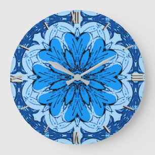Grande Horloge Ronde Fleur géométrique Motif en Cerulean & Bleu clair