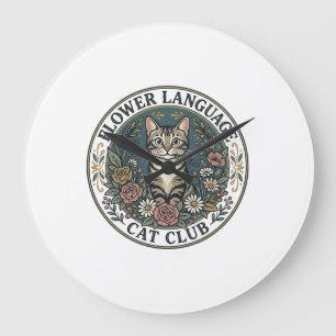 Grande Horloge Ronde Fleur Langage Chat Chat Graphique Tee Art - Fleur