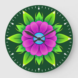 Grande Horloge Ronde Fleur rose avec feuilles vertes-23856