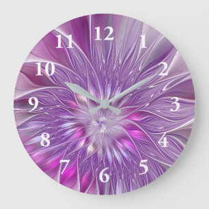 Grande Horloge Ronde Fleur Rose Violet Passion Abstrait Art Fractal