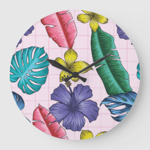 Grande Horloge Ronde Fleur tropicale : motif feuille sans soudure