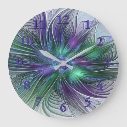 Grande Horloge Ronde Fleur vert violet Art Abstrait moderne Fractal (Recto)