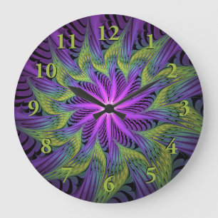 Grande Horloge Ronde Fleur verte violette Art abstrait fractal moderne