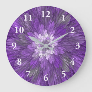 Grande Horloge Ronde Fleur Violette Psychedelique Art Fractal Abstrait