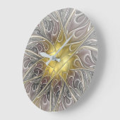 Grande Horloge Ronde Fleurir Avec Or Moderne Fleur Abstraite Fractale (Angle)