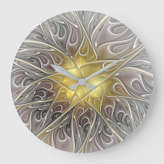 Grande Horloge Ronde Fleurir Avec Or Moderne Fleur Abstraite Fractale (Recto)