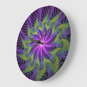 Grande Horloge Ronde Fleuron vert violet Art Abstrait fractal moderne (Angle)
