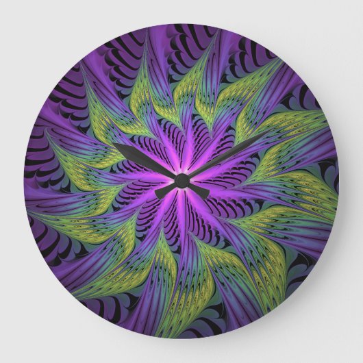 Grande Horloge Ronde Fleuron vert violet Art Abstrait fractal moderne (Recto)