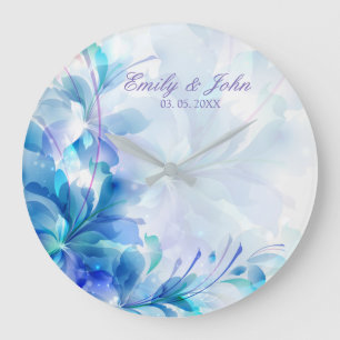 Grande Horloge Ronde Fleurs Abstraites Bleues Et Violettes - Enregistre