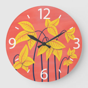 Grande Horloge Ronde Fleurs Abstraites Coral Jaune Floral Art géométriq
