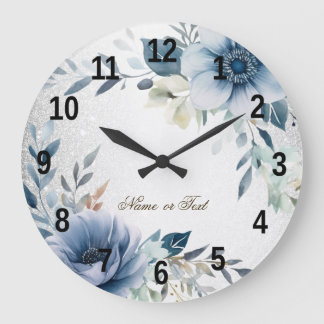 Grande Horloge Ronde Fleurs Aquarelle Bleu Poussiéreux Élégantes Argent