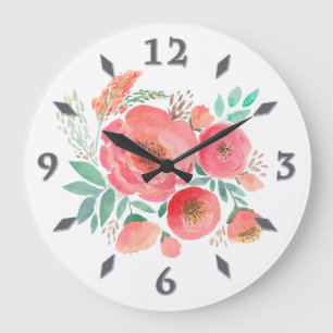 Grande Horloge Ronde Fleurs aquarelles, bouquet.