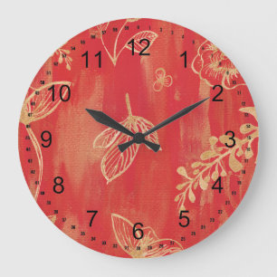Grande Horloge Ronde Fleurs aquarelles rouge or