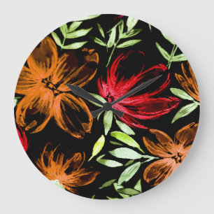 Grande Horloge Ronde Fleurs Aquarelles Rouges 6