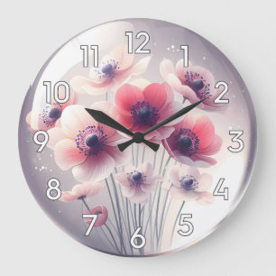 Grande Horloge Ronde Fleurs blanches rouges anémones