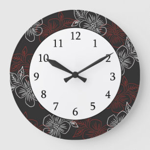 Grande Horloge Ronde Fleurs blanches rouges Motifs élégantes sur noir