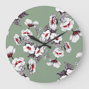 Grande Horloge Ronde Fleurs blanches rouges sans joint : décoration ver