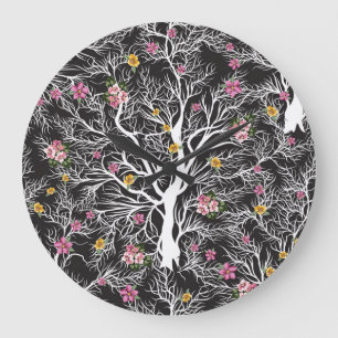 Grande Horloge Ronde Fleurs colorées : Arbre Noir sans couture