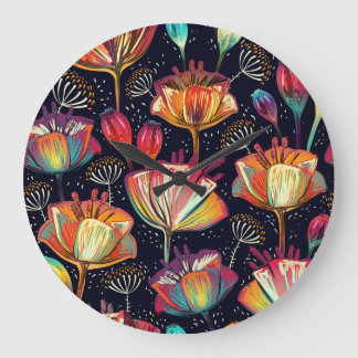 Grande Horloge Ronde Fleurs colorées Plante Motif Vintage