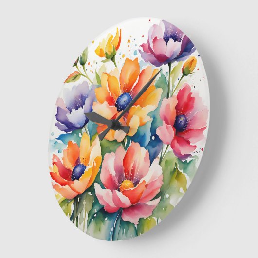 Grande Horloge Ronde Fleurs d'aquarelle en fleurs (Angle)