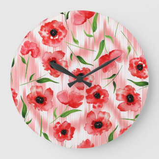 Grande Horloge Ronde Fleurs d'aquarelle : ikat de pavot.