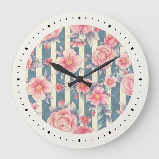 Grande Horloge Ronde Fleurs d'aquarelle rose sur Motif rayé (Recto)