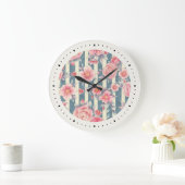 Grande Horloge Ronde Fleurs d'aquarelle rose sur Motif rayé (Maison)