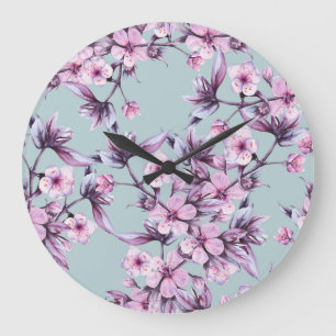 Grande Horloge Ronde Fleurs de cerisier rose : branche arrière - plan a