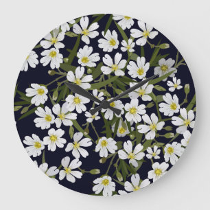 Grande Horloge Ronde Fleurs de champs blancs : motif vintage.