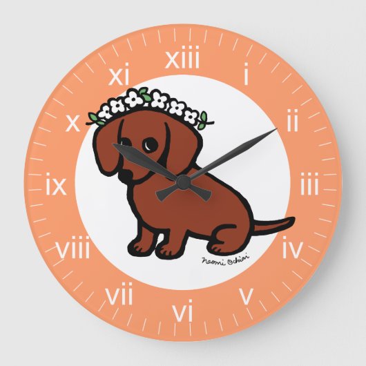 Grande Horloge Ronde Fleurs de Dachshund à la lisière rouge (Recto)