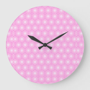 Grande Horloge Ronde Fleurs de démarrage blanches sur rose