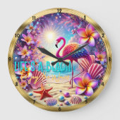 Grande Horloge Ronde Fleurs de Flamant rose de plage (Recto)
