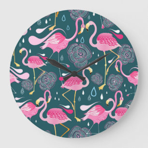 Grande Horloge Ronde Fleurs de Flamants roses : Graphisme foncé sans co