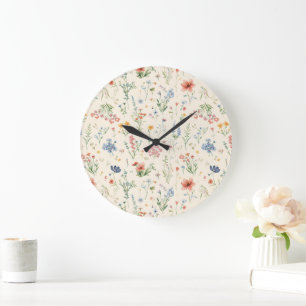 Grande Horloge Ronde fleurs de jardin aquarelle Fleur sauvage Prairie d