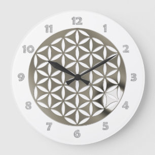 Grande Horloge Ronde FLEURS DE LA VIE - argent + chiffres de la face d'