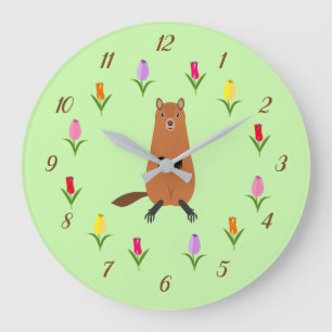 Grande Horloge Ronde Fleurs de marmotte et de tulipe mignonnes