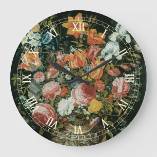 Grande Horloge Ronde Fleurs de nature morte baroque vintage dans un vas